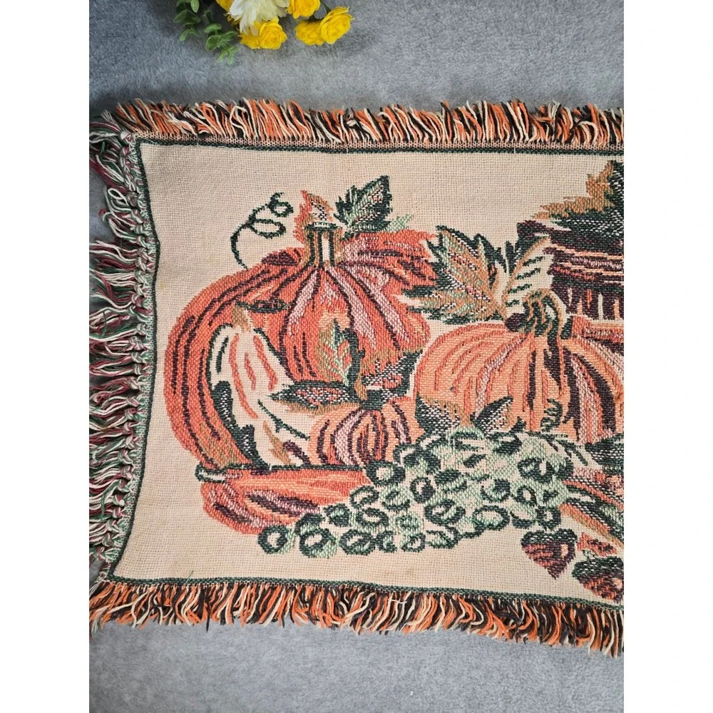 Vintage Fall Tapestry Runner 36x18 Orange Harvest Pumpkin Autumn Decor 90s Farm